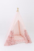 This tent is made of 100% pima cotton fabric. The doors have four gorgeous lace ruffles on the bottom.