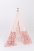 This tent is made of 100% pima cotton fabric. The doors have four gorgeous lace ruffles on the bottom.