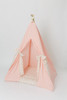 This pink play tent is made from 100% premium pima cotton (OEKO-TEX certified). The play tent comes with floral tie back doors that form a beautiful bow.