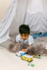 This tent is a black ticking material on white canvas fabric all around. The doors have white pom pom trim.