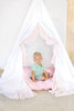 This all white play tent is made from 100% premium pima cotton (OEKO-TEX certified). The play tent comes with a pink handcrafted ruffle down the doors.