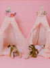 This all pink play tent is made from 100% premium pima cotton (OEKO-TEX certified) fabric that is blush pink with red polka dots. The doors have three beautiful hand crafted ruffles.