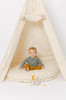 This play tent is made from 100% premium cotton (OEKO-TEX certified) in natural canvas that is 7 oz. The play tent comes with a roll up door.
