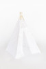 This play tent is all white and is made of 100% pima cotton fabric. The doors come with white pom pom trim. The top triangle of the play tent has gorgeous white lace.