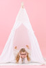 This tent is all white and it is made of 100% pima cotton fabric. The top triangle of the tent has a stunning embroidered white lace.