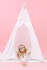 This tent is all white and it is made of 100% pima cotton fabric. The top triangle of the tent has a stunning embroidered white lace.