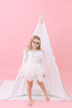 This tent is all white and it is made of 100% pima cotton fabric. The top triangle of the tent has a stunning embroidered white lace.