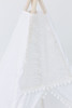 This tent is all white and it is made of 100% pima cotton fabric. The top triangle of the tent has a stunning embroidered white lace.