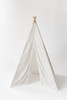 This tent is made of light gray fabric and it is made of 100% premium pima cotton fabric. The tent comes with white pom pom trim and has tie back doors.