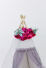 Tulle is four layers thick of gray tulle. The rest of the tent is a light gray fabric made up of 100% pima cotton.