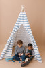 This tent is made of Italian blue horizontal stripes and it is made of 100% cotton 8 oz. fabric.