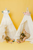 This play tent has a cream base made from 100% premium pima cotton (OEKO-TEX certified) with ivory/cream tulle colored layered doors.