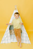 This tent is made of a light sea foam green buffalo check (also known as gingham) and it is made of 100% cotton twill fabric.