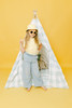 This tent is made of a light sea foam green buffalo check (also known as gingham) and it is made of 100% cotton twill fabric.