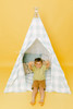 This tent is made of a light sea foam green buffalo check (also known as gingham) and it is made of 100% cotton twill fabric.