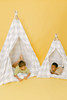 The Rowan Play Tent is a grey gingham/buffalo plaid play tent. This play tent is made from 7 oz. cotton (OEKO-TEX certified) fabric. The play tent comes with tie back doors. It has four wooden poplar rods that hold up a beautifully crafted play tent.