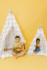The Rowan Play Tent is a grey gingham/buffalo plaid play tent. This play tent is made from 7 oz. cotton (OEKO-TEX certified) fabric. The play tent comes with tie back doors. It has four wooden poplar rods that hold up a beautifully crafted play tent.