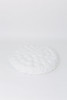 A white circular cotton canvas play mattress with white Pom Pom trim around the edges filled with hypoallergenic premium polyester.