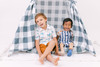 This tent is made of a gunmetal color buffalo check (also known as gingham) and it is made of 100% cotton twill fabric.