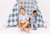 This tent is made of a gunmetal color buffalo check (also known as gingham) and it is made of 100% cotton twill fabric.
