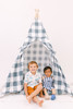 This tent is made of a gunmetal color buffalo check (also known as gingham) and it is made of 100% cotton twill fabric.