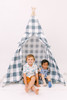 This tent is made of a gunmetal color buffalo check (also known as gingham) and it is made of 100% cotton twill fabric.