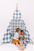 This tent is made of a gunmetal color buffalo check (also known as gingham) and it is made of 100% cotton twill fabric.