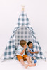 This tent is made of a gunmetal color buffalo check (also known as gingham) and it is made of 100% cotton twill fabric.
