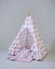 The Bonnie Play Tent is a dark blush pink gingham/buffalo plaid play tent with 3 sets of horizontal ruffles