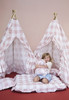 A gingham/buffalo check in color dark blush pink with ruffles.