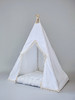 The Elliott tent is classy using white twill cotton with cream tassel fringe on the front panels.
