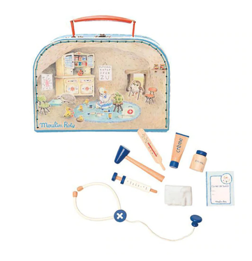Beautifully designed wooden Doctor Tools are all packed into a wonderfully illustrated Doctor Valise.