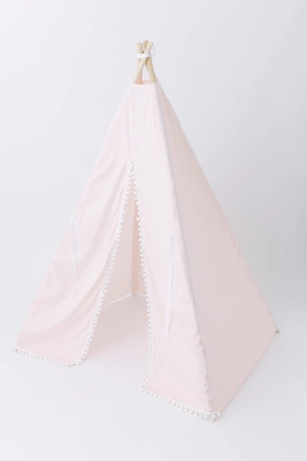 This tent has light pink diagonal stripes, white pom pom trim and it is made of 100% premium cotton fabric.