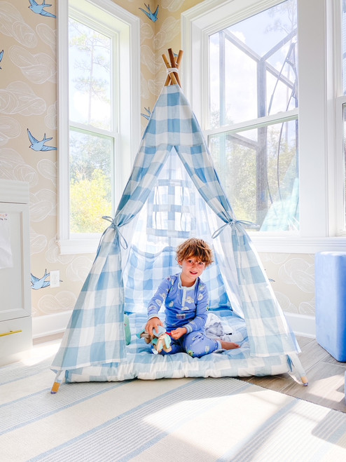 This tent is made of a light blue buffalo check (also known as gingham) and it is made of 100% cotton twill fabric.