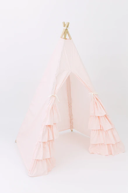 The Emma Play Tent is a gorgeous blush striped tent. This tent is made of 100% pima cotton fabric. The doors have gorgeous ruffles on the bottom.