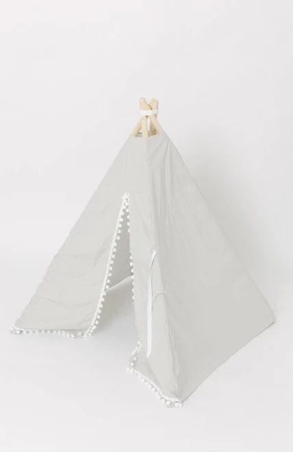 This tent is all grey premium pima cotton fabric and white Pom Pom trim.