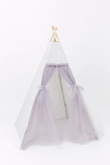 Tulle is four layers thick of gray tulle. The rest of the tent is a light gray fabric made up of 100% pima cotton.