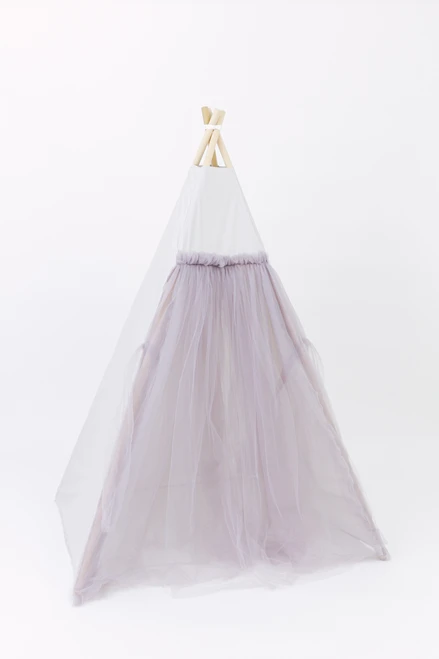 Tulle is four layers thick of gray tulle. The rest of the tent is a light gray fabric made up of 100% pima cotton.