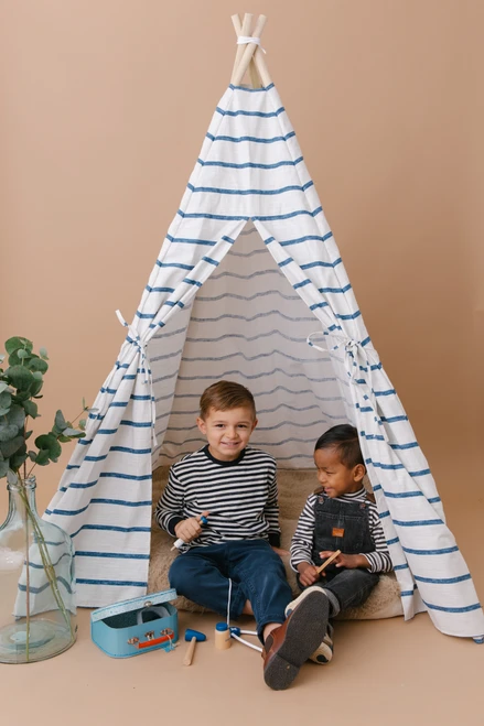 This tent is made of Italian blue horizontal stripes and it is made of 100% cotton 8 oz. fabric.