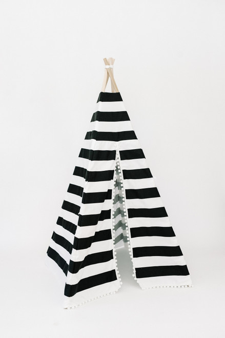 This tent is black and white stripes and it is made of 8 oz. 100% cotton fabric