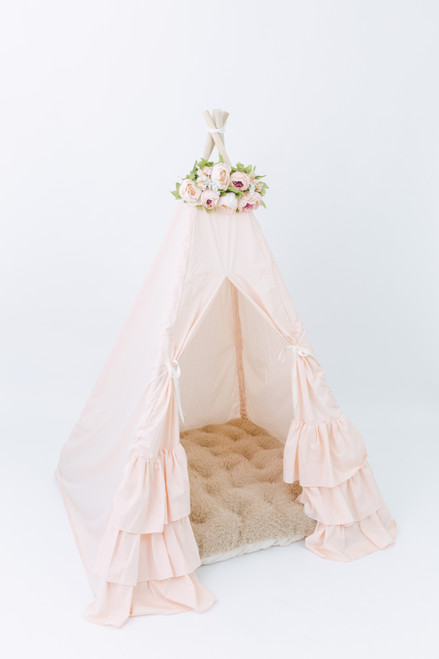 The Peach Play Tent is very whimsical and dreamy!! This all peach play tent is made from 100% premium pima cotton (OEKO-TEX certified). The play tent comes with ribbon tie back doors.