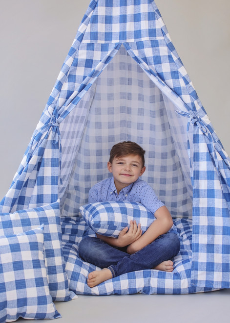 blue checkered plaid gingham play tent for all kids