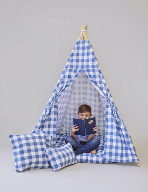 blue checkered plaid gingham play tent for all kids