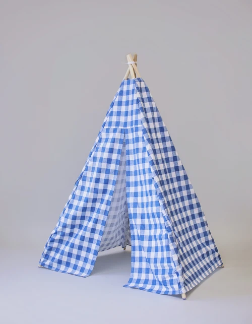 blue checkered plaid gingham play tent for all kids