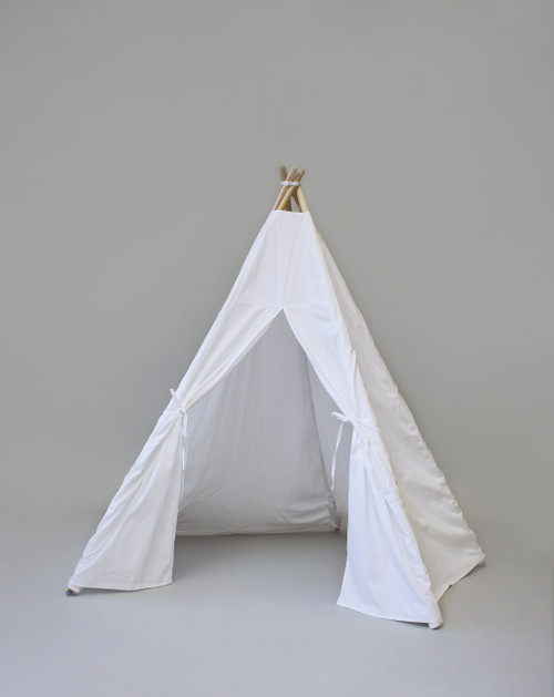 This all white five-sided play tent is made from 100% twill cotton with white pom pom borders.