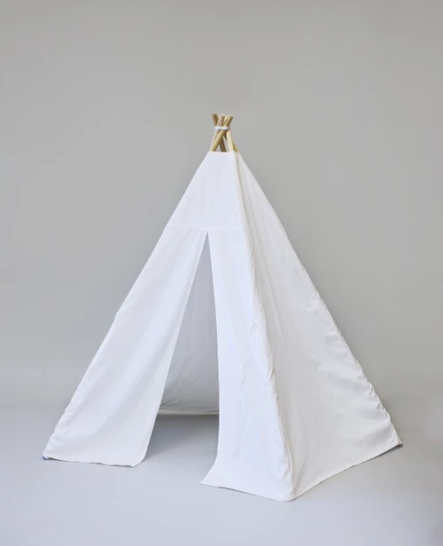 This all white five-sided play tent is made from 100% twill cotton with white pom pom borders.