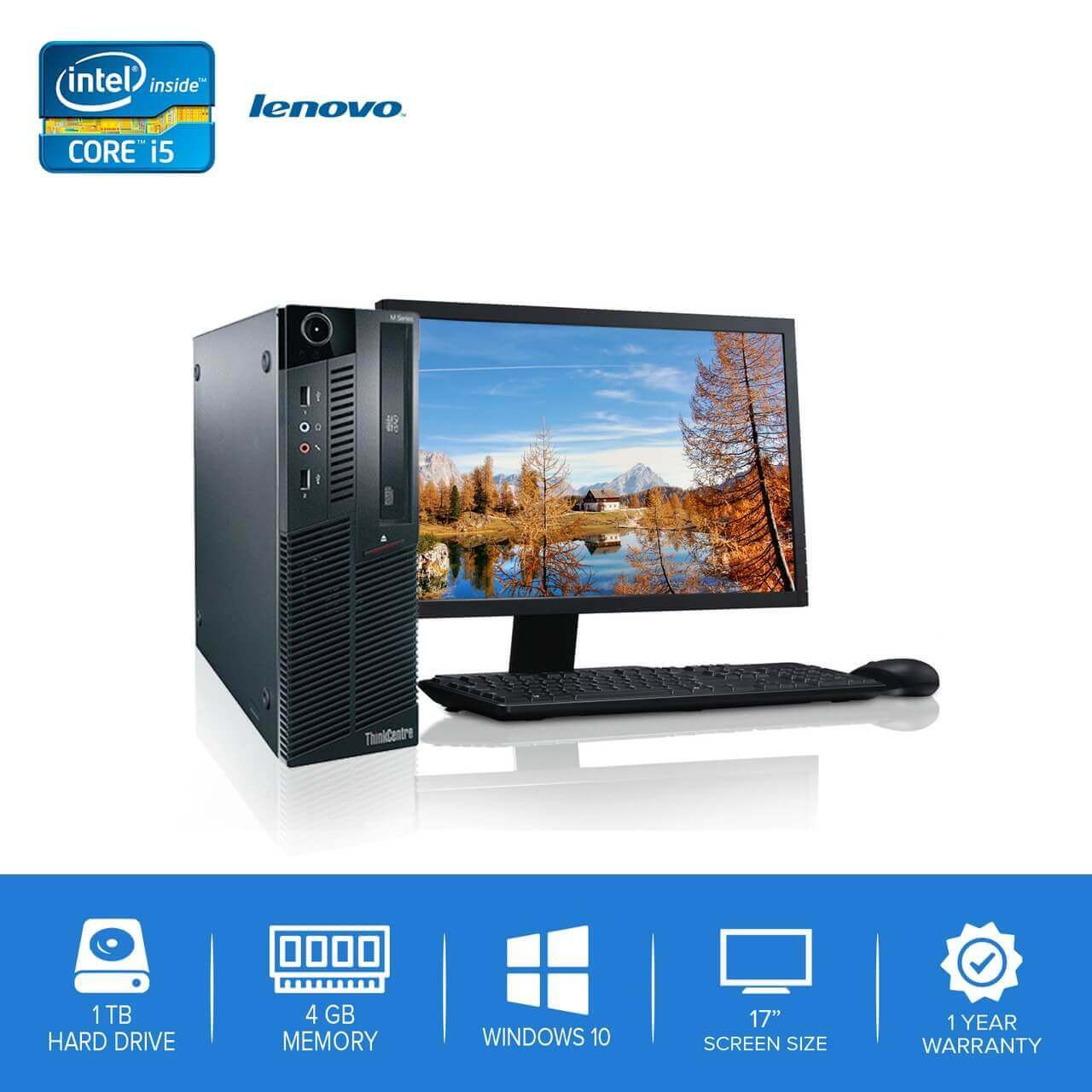 Lenovo-ThinkCentre M90 M91 Desktop Computer PC – Intel Core i5- 4GB Memory  – 1TB Hard Drive - Windows 10 with 17” LCD