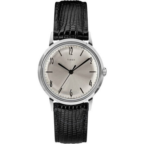 Timex Marlin Hand Wind Silver Dial Watch - Silver/ Black Textured Leather