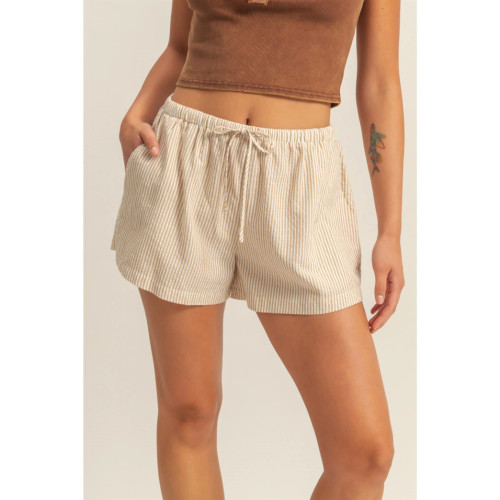 Double Zero Drawstring Waist Gingham Shorts - Taupe/White
