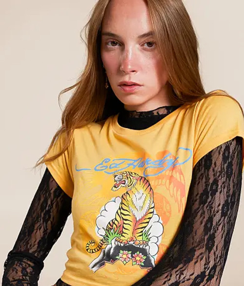 Ed Hardy Tiger Mountain Baby Tee - Peach